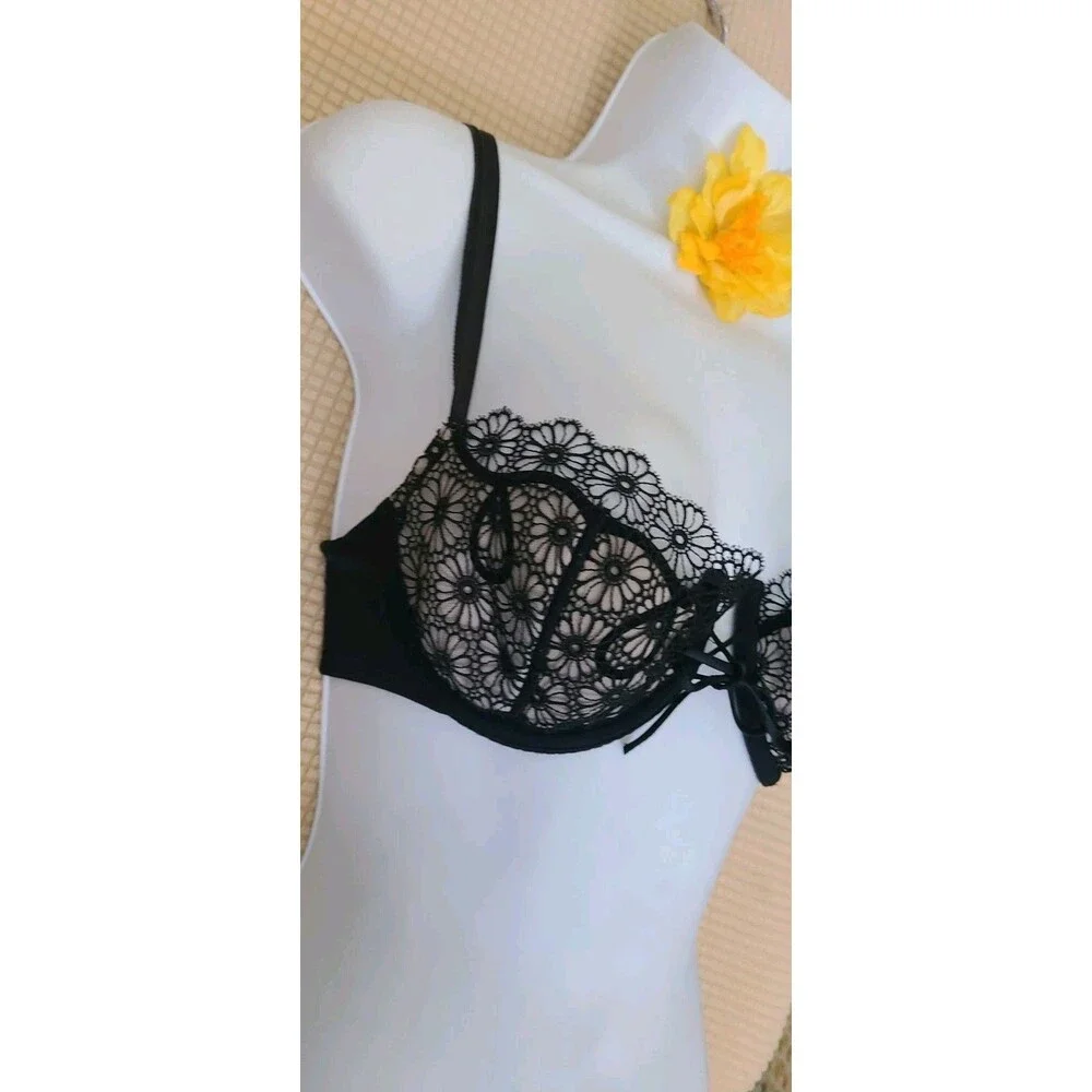 Victoria’s Secret Very Sexy Balconet Bra 34C Black Beige Semi Sheer Lace